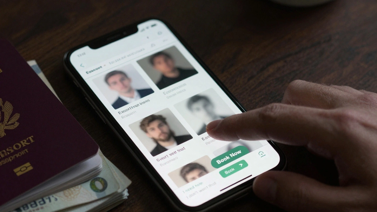 A smartphone displays dubious escort profiles beside a passport and cash, with translation phrases visible.