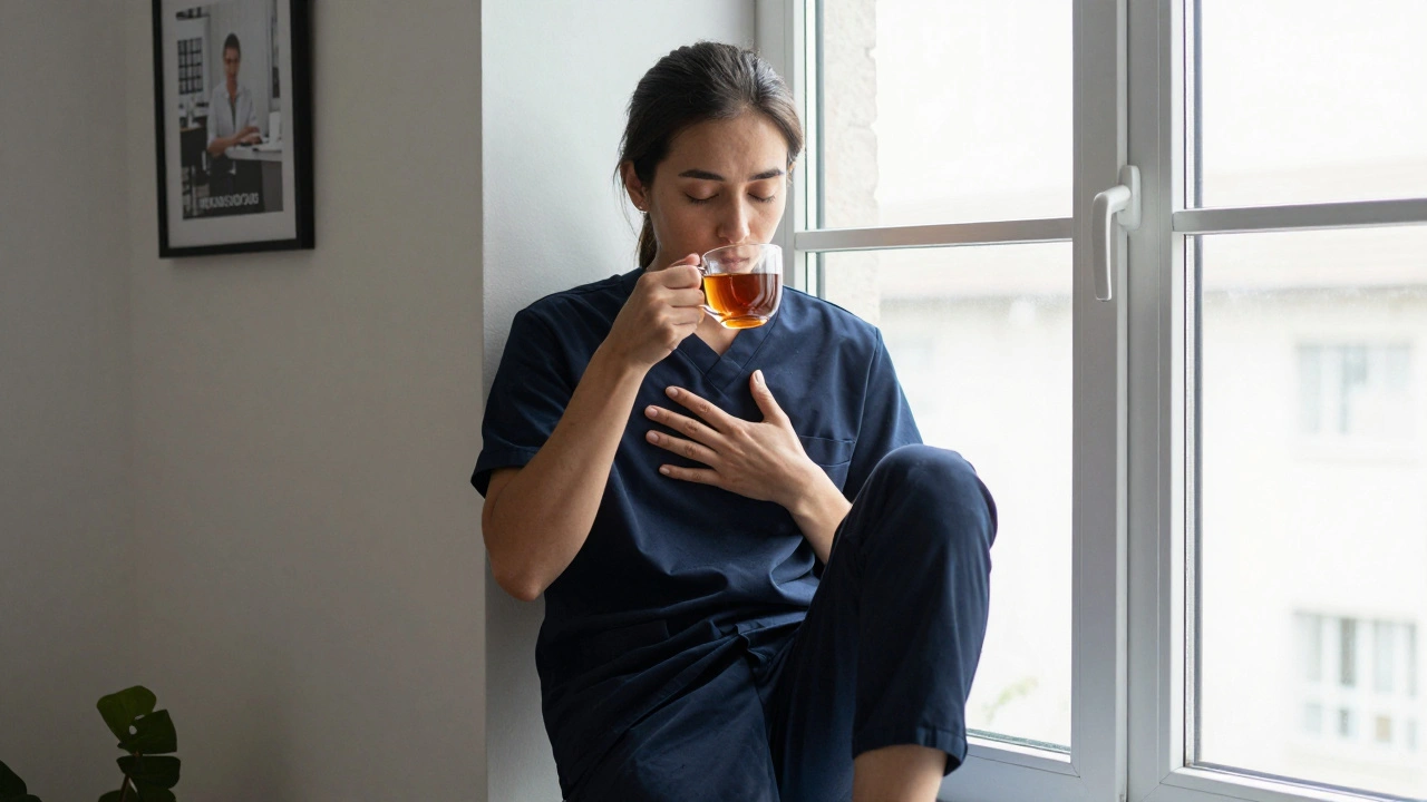 A sub escort resting alone after a session, sipping tea, with a therapist's office photo on the wall.
