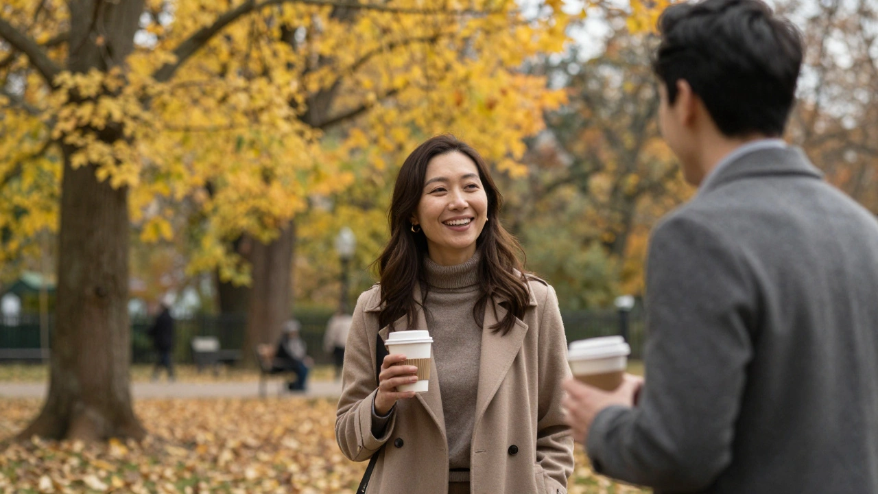 A woman and client walking together in a leafy Muswell Hill park, enjoying a quiet autumn afternoon with coffee cups.