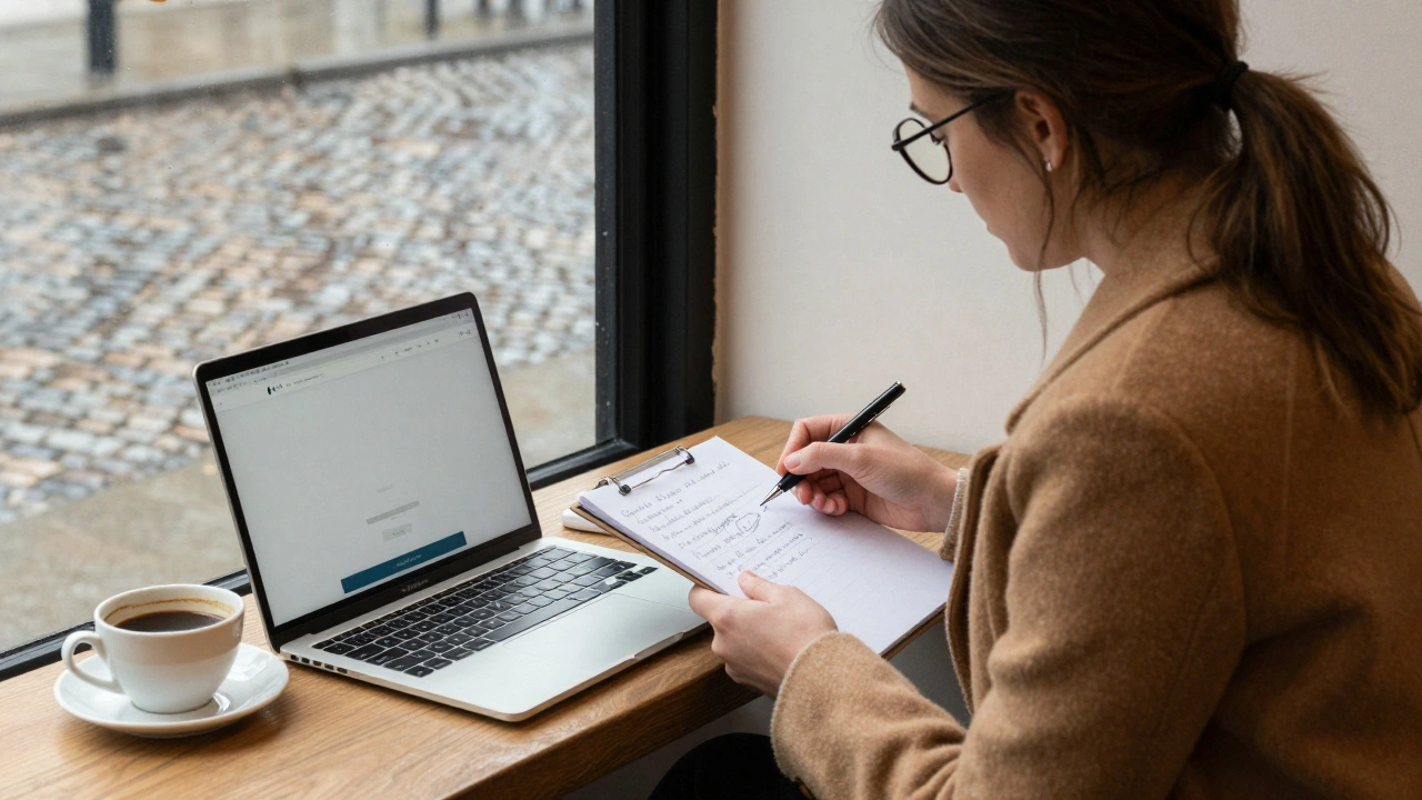 A woman in a camel coat reviews notes in a quiet South Kensington café, rain glistening on the window outside.