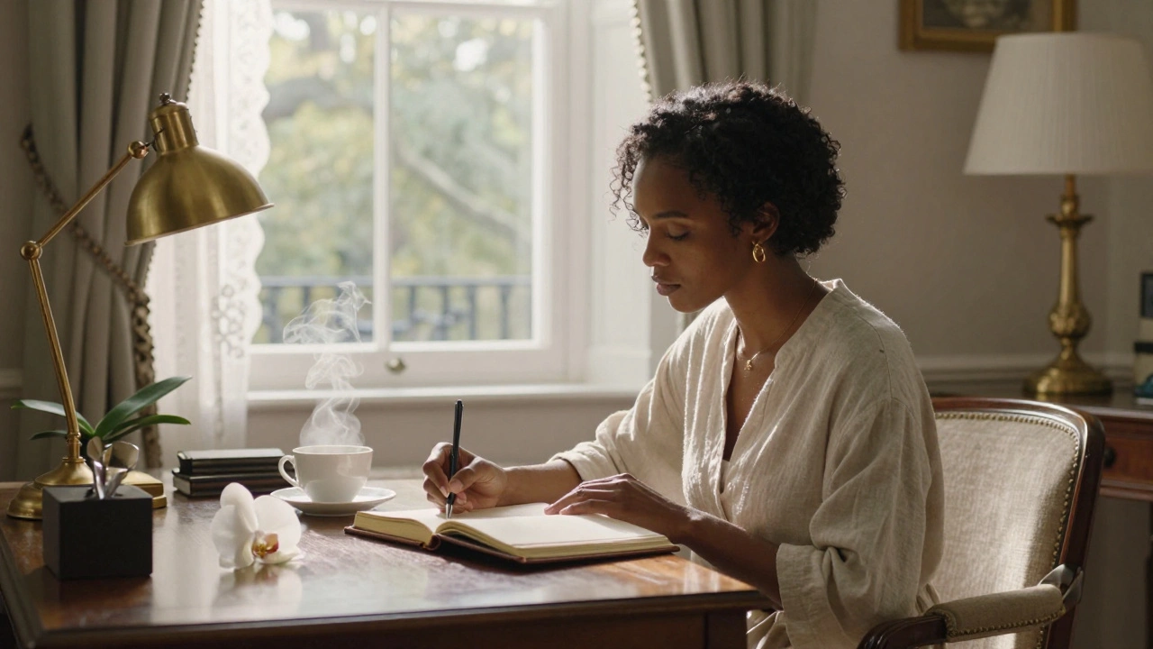 A woman writes in a journal at a sunlit desk in a classic London townhouse, orchid beside her.