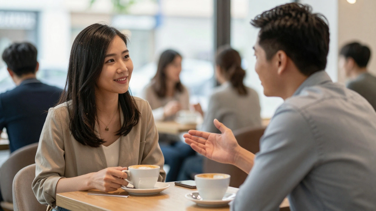 An Asian escort and client chatting warmly in a cozy café, sharing stories over coffee.