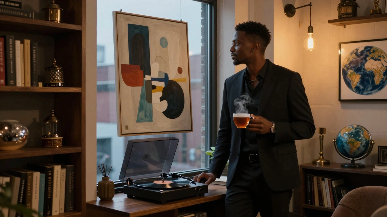 An ebony escort in a Chelsea loft gazes at modern art, surrounded by books and vintage vinyl.