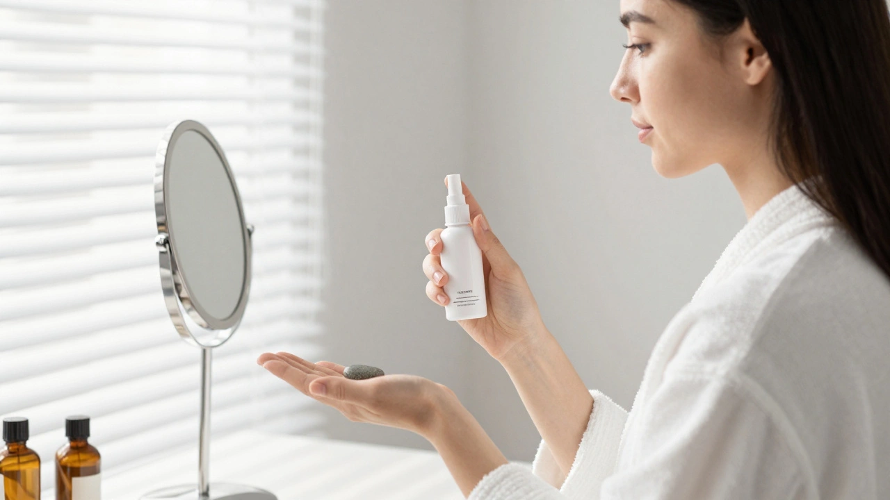 An escort practicing self-care after a session, holding hydration products and a grounding stone.