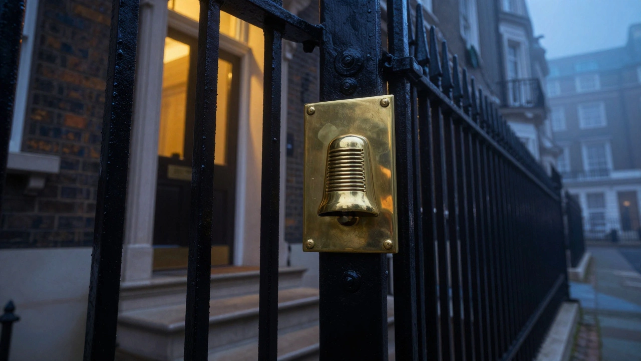 Brass doorbell on black gate in foggy Mayfair street at night