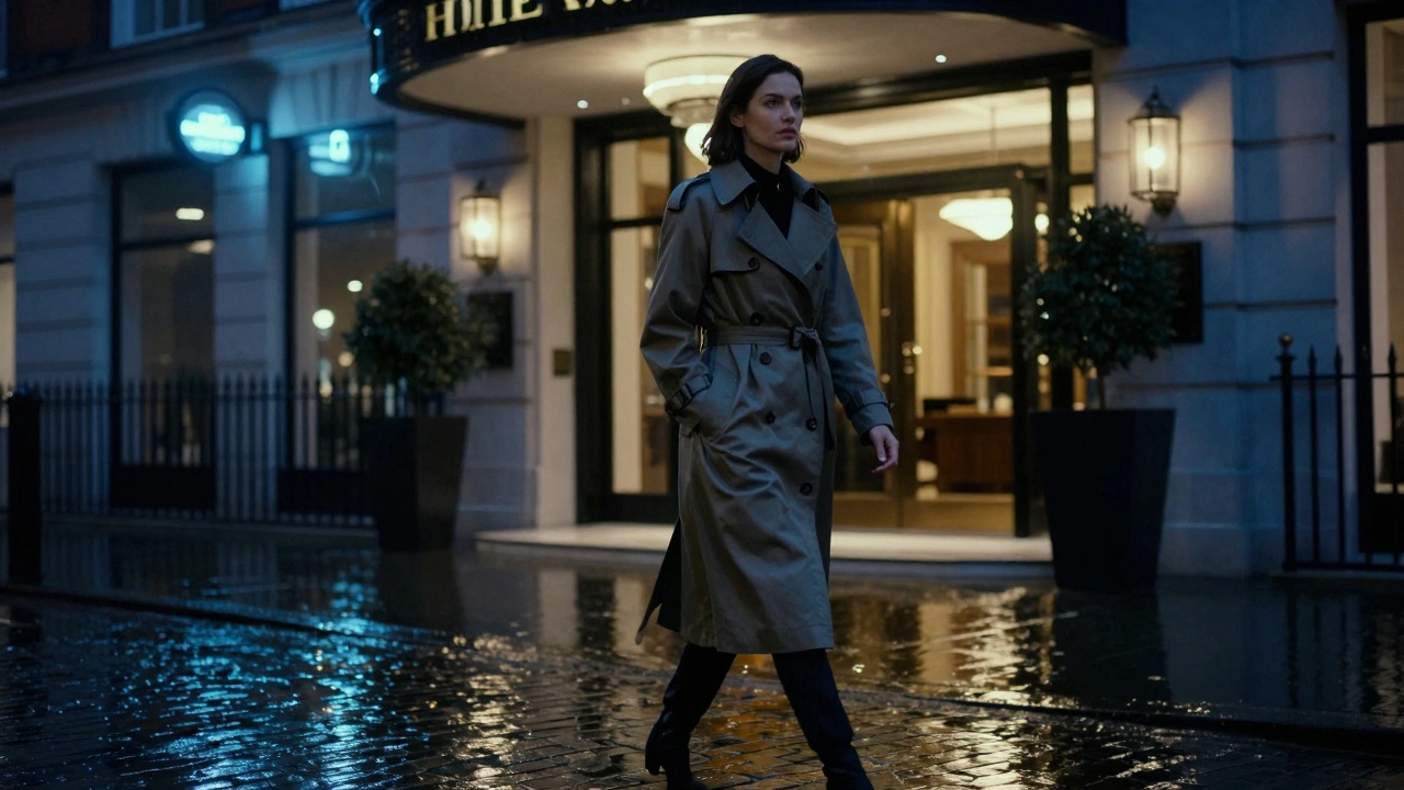 Confident woman in trench coat outside a hotel at night.