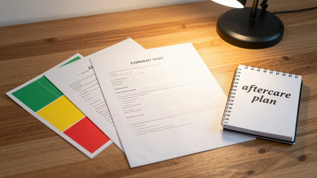 Consent tools including color-coded cards, a written agreement, and a notebook for aftercare on a wooden table.