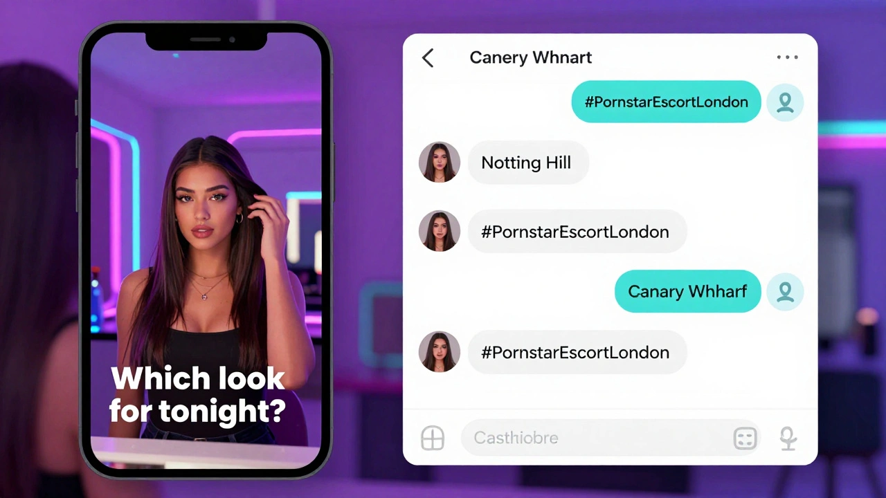 Digital collage of TikTok content and private messages with London location tags, glowing UI elements.