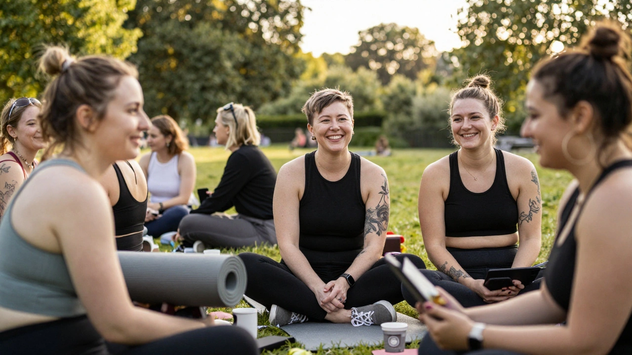 Diverse group of independent female escorts relaxing together in a London park, different body types and styles.