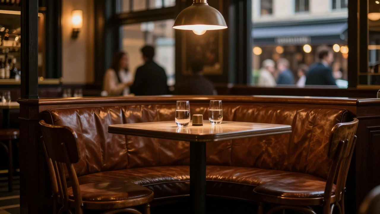Empty chairs at upscale bar table under warm lamp light.