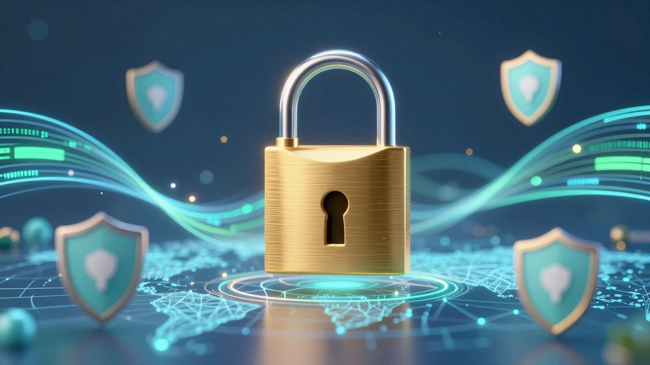 Golden padlock icon floating over digital network map abstract art.