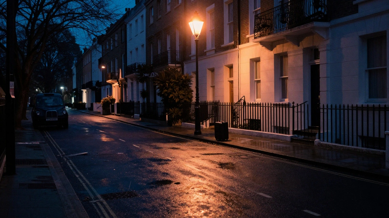 Lonely suitcase on wet street near taxi in Kensington at midnight