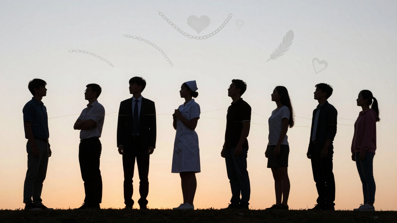 Silhouettes of diverse individuals connected by golden threads, symbolizing emotional release and transformation through power exchange.