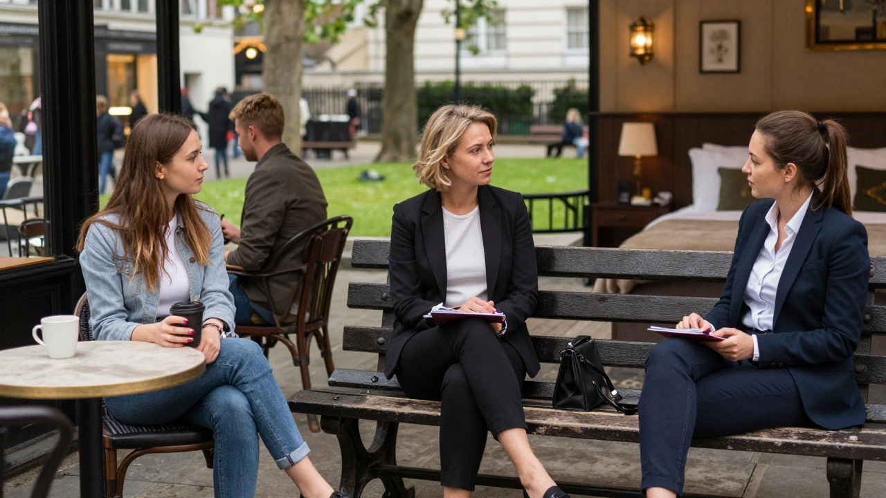 Three different clients interacting respectfully with a Russian escort in varied London settings.