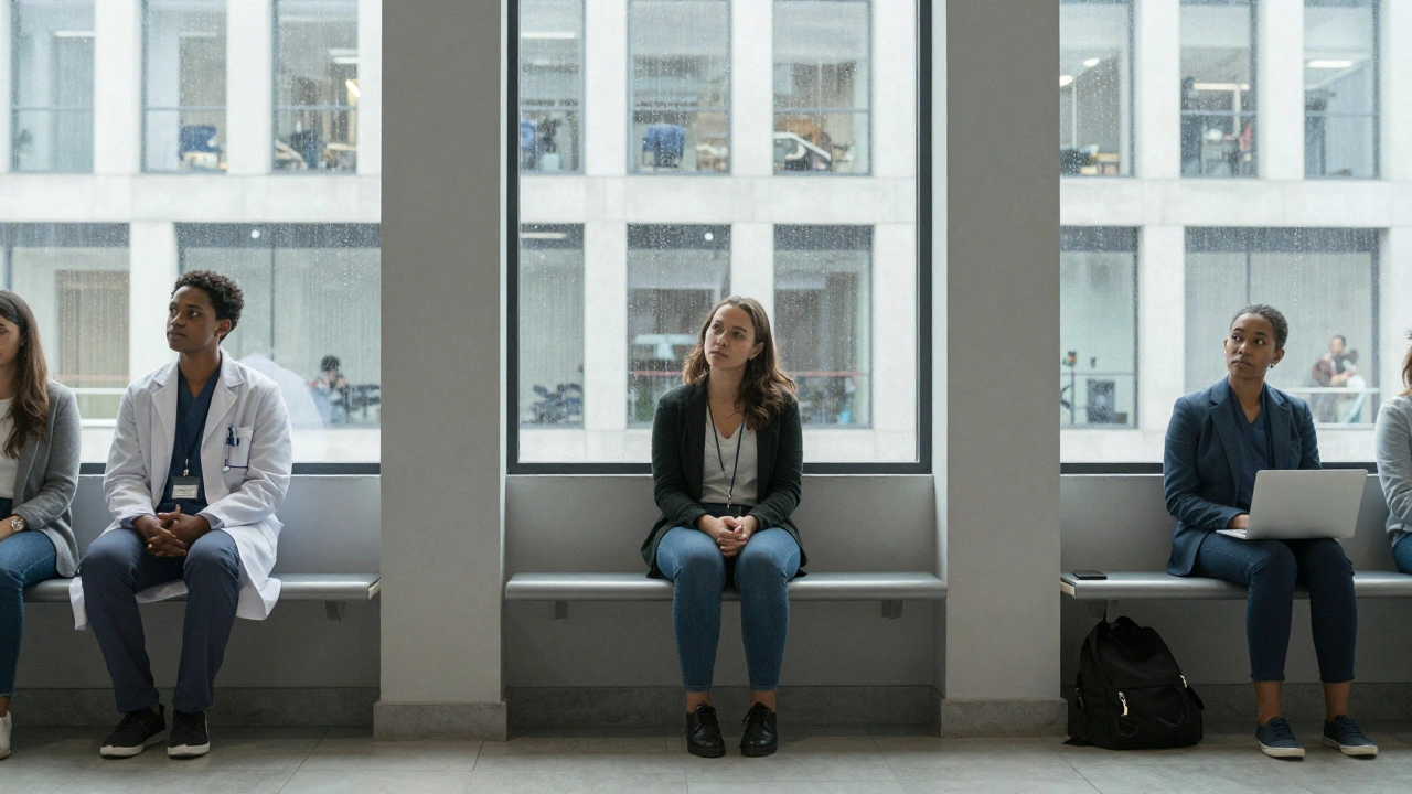 Three diverse individuals sit alone in a calm lounge, gazing out windows with weary but hopeful expressions.