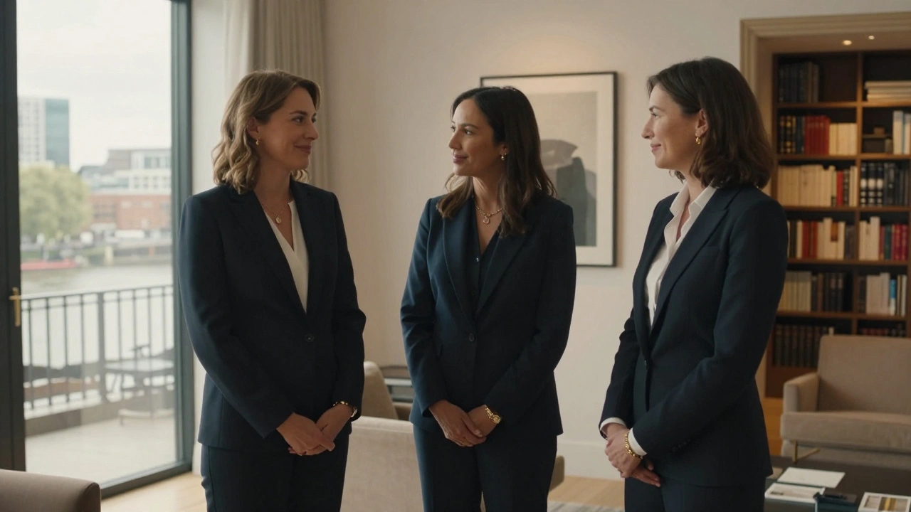 Three professional women in elegant attire in distinct London settings, radiating emotional intelligence and poise.