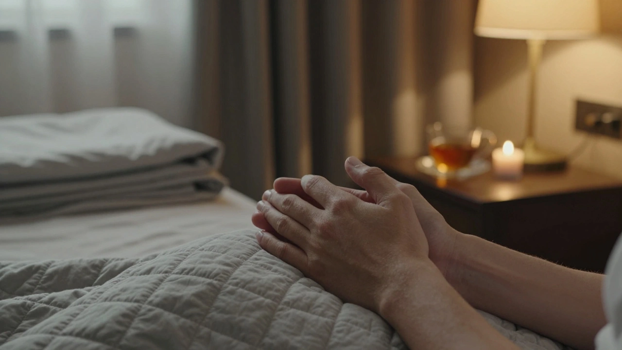 Two hands gently holding each other on a quilted lap, with a candle and tea cup nearby, symbolizing quiet aftercare and trust.