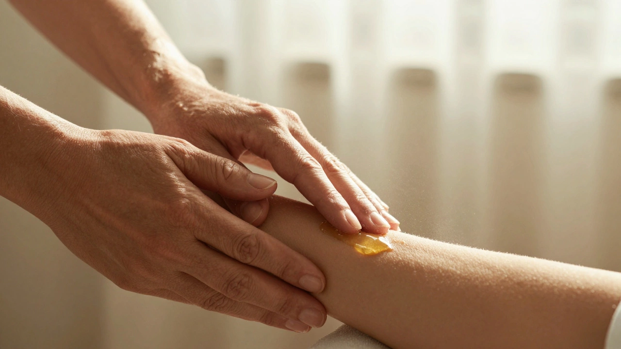 Two hands interact in slow, soothing motion as warm oil is applied, with sunlight filtering through curtains.