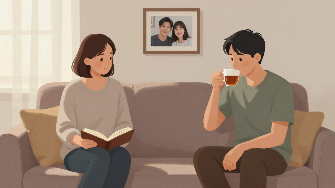 Two individuals in a living room, one writing in a journal, the other drinking tea — a moment of reflection.