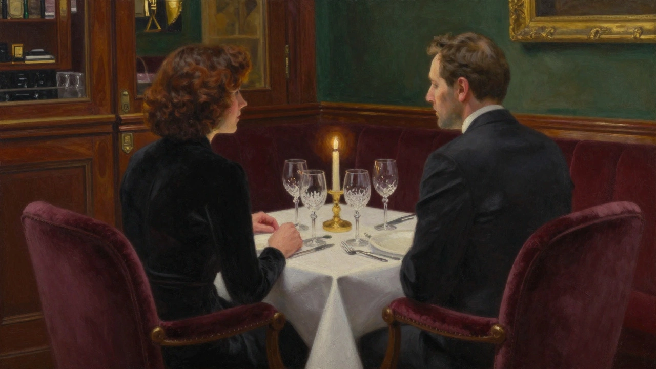 Two people dining privately at a luxurious restaurant table.