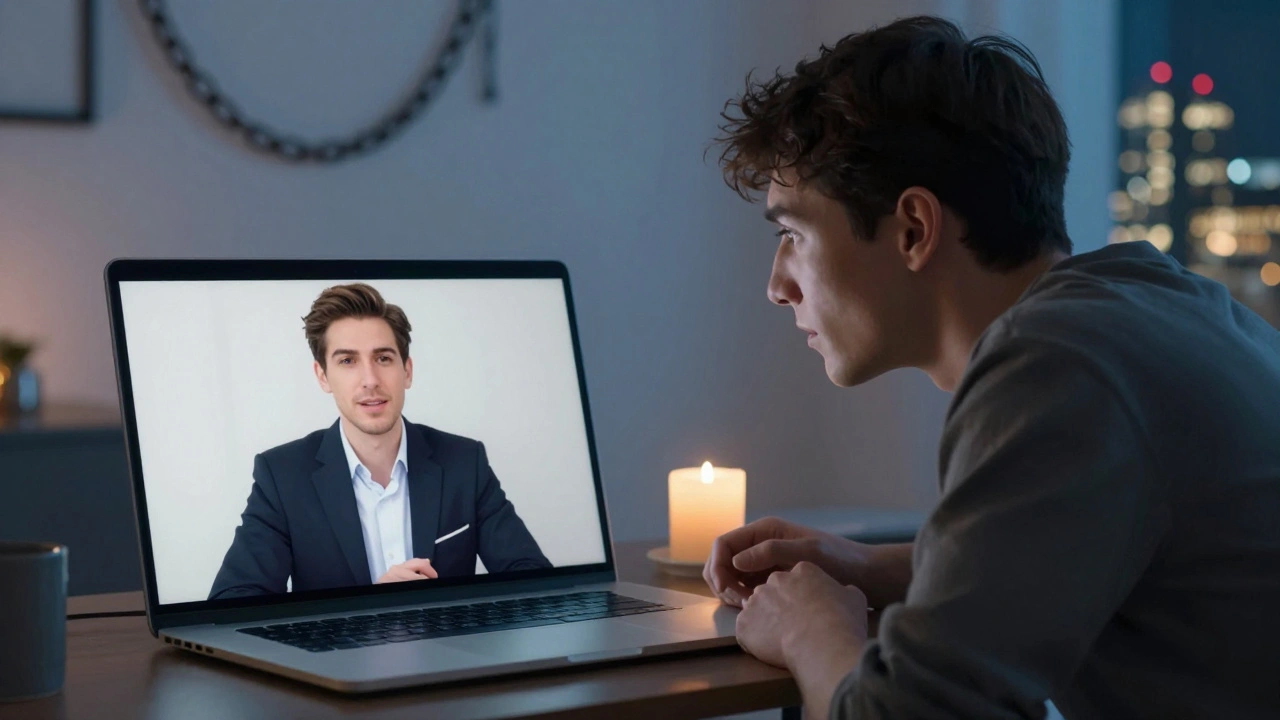 Two people in a video call, one an escort in a minimalist studio, the other a client at home, both expressing cautious hope.