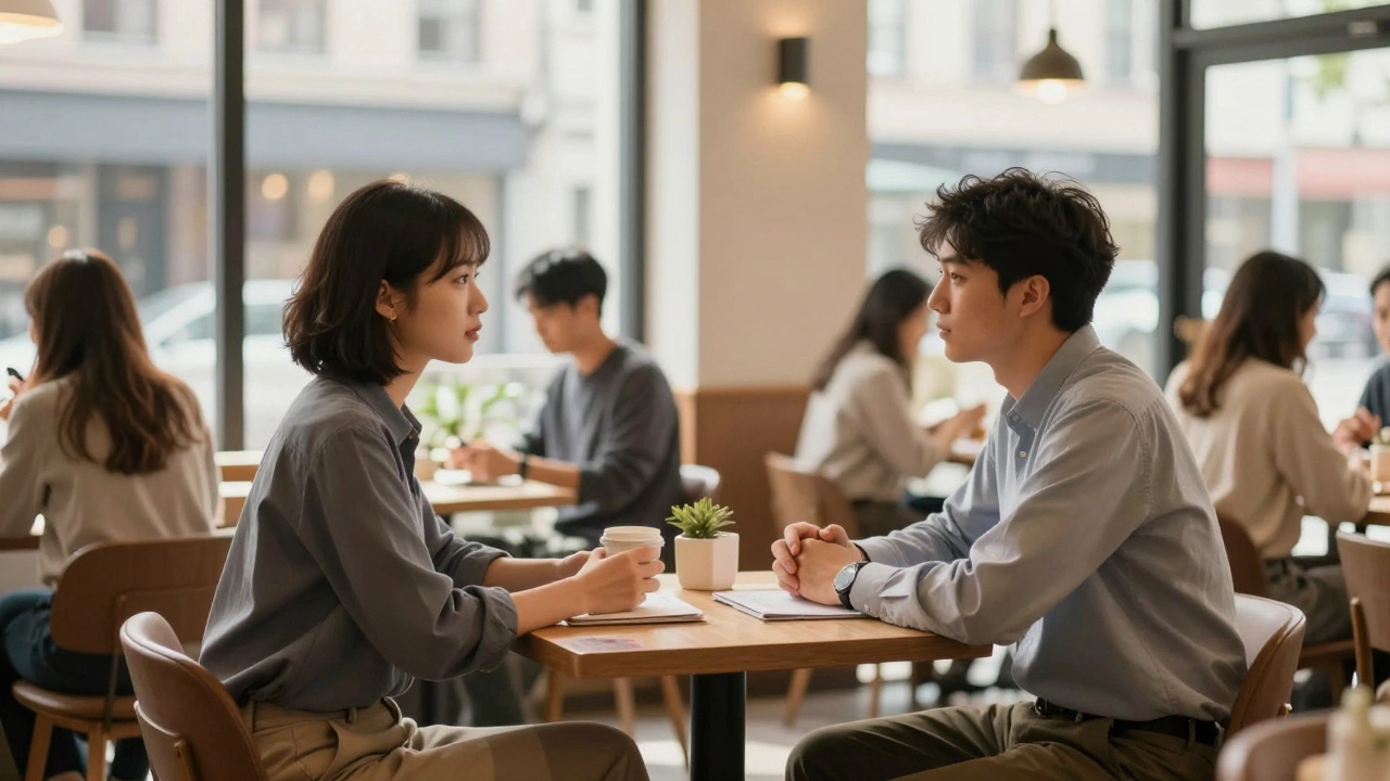 Two people meeting at a table in a busy London cafe