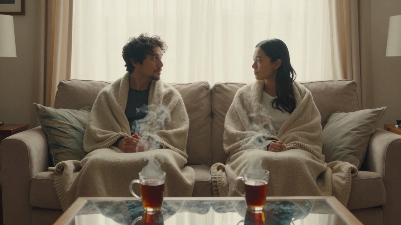 Two people relaxing on couch with warm light