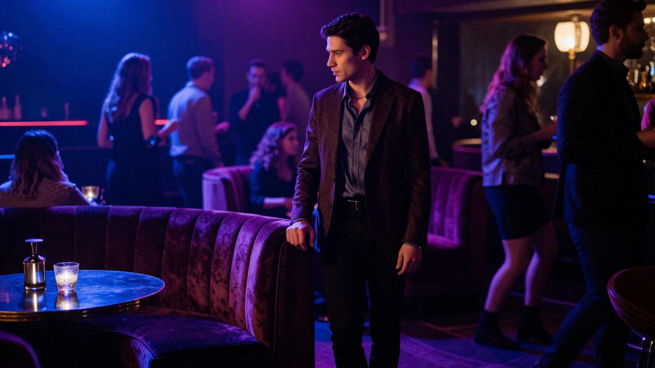 Woman in evening wear standing in a dimly lit VIP lounge